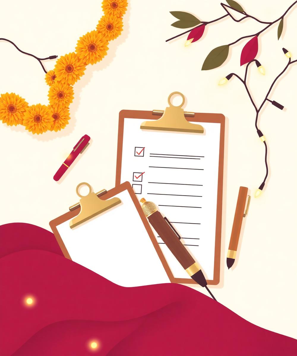Event planning essentials — checklist, microphone and marigolds